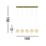 LED-hængelampe Allure, 5 lyskilder, lang, messingfarvet, akryl