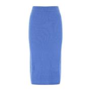 Cerulean Blue Stretch Wool Blend Midi Nederdel