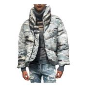 Kort ikonisk denim mønster runway puffer jakke