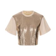 Stilfuld Nude Jersey Crop Top med Lys Guld Mesh