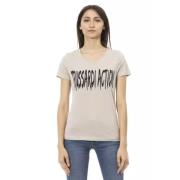 Beige Bomuld V-Hals T-Shirt med Frontprint