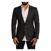 Gråt ternet uld slim fit blazer jakke