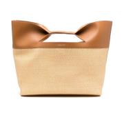 Beige Bow Straw-Vævet Tote Taske