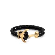 Men's Black Leather Bracelet with Gold Anchor