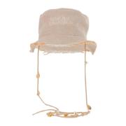 Beige Hamp Bucket Hat med Logo Broderi