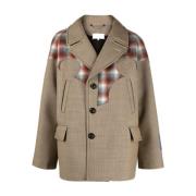 Beige Plaid Check Jakke med Scuba Jersey Paneler