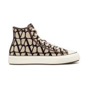 Beige Logo-Print Hi-Top Sneakers