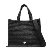 Sort Raffia Tote Taske med Logo Applikation