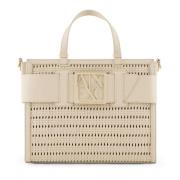 Beige Stro Tote Taske med Logo