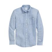 Blå Hvid Stribet Regular Fit Linned Sport Skjorte med Button Down Krav...