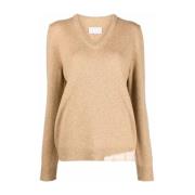 Beige V-Hals Strik med Revnet Hem