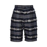 Navy Black Fringe Checks Shorts