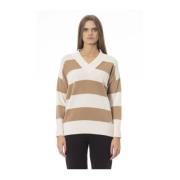 Beige V-Neck Uld Sweater med Ribbed Detaljer