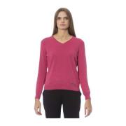 Fuchsia V-hals Sweater med Ribbed Detaljer