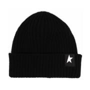 Stjerne Patch Sort Ribstrikket Beanie Hat