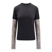 Sort Crew-neck T-shirt med Logo Broderi