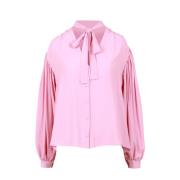 Pink V-neck Button-down Blouse med Bue