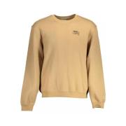 Beige Bomuldssweater, Almindelig Pasform, Rund Hals, Logo Broderi