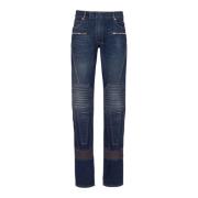 Denim straight-leg biker jeans