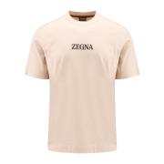 Beige Bomuld T-shirt med Crew-neck