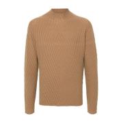 Tekstureret Beige Sweater Høj Hals