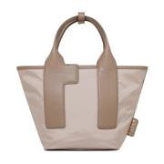 Beige Nylon Tote Bag med Læder Trim