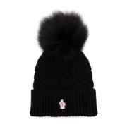 Sort uld flettet pom pom hat