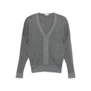 Ribbet V-hals sweater med Lurex detalje