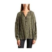 Khaki Snakeskin Bluse med Ruffle Ærmer