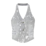 Grå Rhinestone Vest Jakke