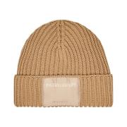 Beige Ribbet Uldblanding Beanie