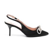 Sort Satin Slingback Sko med Krystalbue