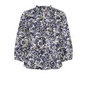 Navy Rose Print Bluse med Flæse