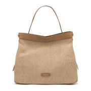 Beige Vævet Straw Crossbody Taske