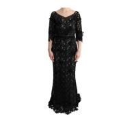 Elegant Sort Maxi Kjole med Blomst Applikation