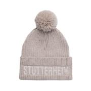 Pompom Rib-Strikket Beanie Hat