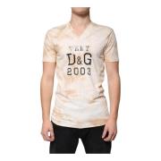 Beige Grafisk Print V-hals T-shirt