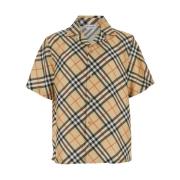 Beige Check Motif Silk Bowling Skjorte