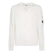 Hvid Bomuldssweater med Ribstrikket Crew Neck og Linse lomme