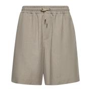 Beige Linned Shorts med Snøre Talje