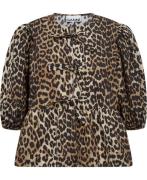 Ganni Printed Cotton Poplin Peplum Blouse Kvinde Leopard Langærmede Bl...